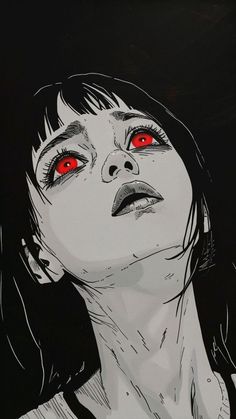 a drawing of a woman with red eyes