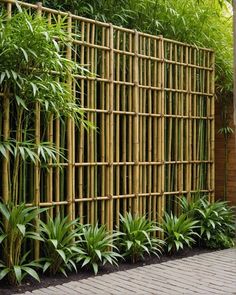 a bamboo fence surrounded by lush green plants and brick pavers flooring in front of it