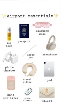 an airport essentials poster with all the items in it