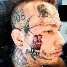 a man with tattoos on his face and neck