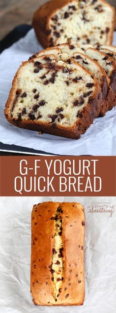 chocolate chip yogurt gluten free quick bread is cut in half and ready to be eaten