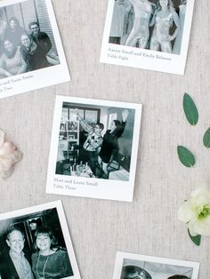 four polaroid photos with flowers on the table