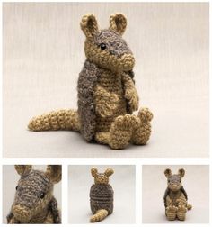 there are four pictures of the same stuffed animal in different stages of being knitted