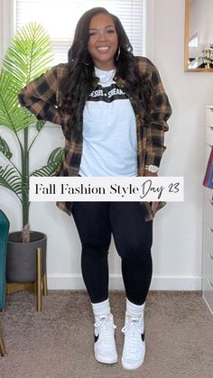 Black Leggings And Plaid Shirt Outfit, How To Wear Plaid Shirt Fall Outfits, Casual Fall Outfits Plus Size Sneakers, Flannel Shirts Women Outfits Fall, Plus Size Sneakers, Leggings And Sneakers Outfit Fall, Nike Plus Size Outfit, Casual Outfits With High Top Converse, Nike Fall Outfit