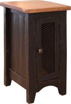 an old wooden cabinet with a door on one side and a drawer on the other