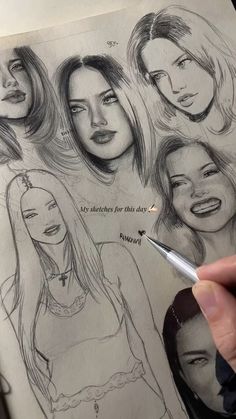 a person holding a pencil in their hand next to a drawing of some women's faces