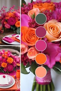 an orange and pink wedding color scheme with flowers in vases, plates and napkins