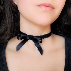 Gothic Lolita Bow Choker Black Satin Ribbon Bow Necklace - Etsy Necklace Coquette, Victorian Choker, Coquette Kawaii, Kawaii Necklace, Bow Choker, Goth Necklace, Ribbon Choker, Choker Black, Victorian Costume