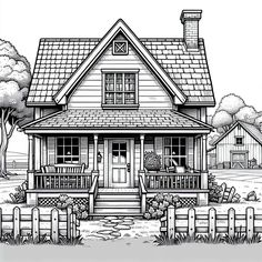 a drawing of a small house with porches