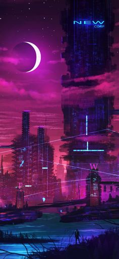 a futuristic city at night with the moon in the sky