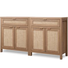 the sideboard is made out of wood and has two drawers, one with wicker doors