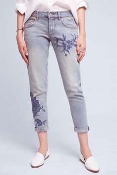 Anthropologie Pilcro Em Jeans Slim with a dash of ease, our just-for-you answer to the boyfriend jean. From Pilcro, an Anthropologie-exclusive collection crafted from the highest quality denim. Cotton, spandex Relaxed fit Embroidered detail Five-pocket styling Machine wash Imported Dimensions Petite: 9.25" high rise 26" inseam This item is NEW WITH TAGS (NWT), never worn, from a non-smoking home. Shipping Combined Shipping saves -$5 on each additional item. We ship within 2 Business Days of receipt of payment. Expedited Shipping (1-3 Business Days) International Shipping available via the eBay Global Shipping Program (only!) Returns We hope to satisfy every buyer to the best of our ability, and understand that some buyers may wish to return their purchases for whatever reason.  Our return Embroidery Jeans For Women, Embroided Jeans, Blue Jean Quilts, Bridal Skirt, Gothic Boho, High Rise Boyfriend Jeans, Embroidery Denim, Camo Wedding, Jeans Destroyed