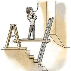 a man standing on top of a wooden ladder