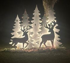 two lighted deer statues standing next to each other in front of trees with lights on them