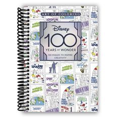 a spiral notebook with the words 100 years of wonder written on it and images of disney characters