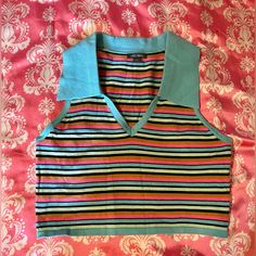 Size Large Never Worn Wild Fable Striped Collared V Neck Crop Top. Very Soft And Cute, Colorful And Definitely 90s Y2k Vibes Striped Y2k Tops For Spring, Y2k Striped Tops For Spring, Multicolor Y2k Crop Top For Spring, Multicolor Cotton V-neck Crop Top, Blue 90s Inspired Tops For Spring, 90s Inspired Blue Tops For Spring, V Neck Crop Top, Y2k Crop Top, Y2k Vibes