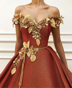 Carnelian Love Leaves Gown – Teuta Matoshi Off Shoulder Ball Gown, Fantasy Gowns, Fairytale Dress, Beauty Dress, Fantasy Dress, Ball Dresses, Fancy Dresses, Dream Dress, Gorgeous Dresses