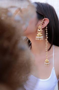 Very Fine Stylish Long Jadau Pachi Kundan Earrings with Kanchain/ Best Kundan Jhumki / Statement Earrings / Chaandbali Long Kundan Earrings Jewelry For Wedding Indian, Indian Long Earrings, Gold Earring Indian, Indian Earrings Aesthetic, Pahadi Jewellery, Long Earrings Indian, Stylish Gold Earrings, High Jewelry Design, Butter Paper