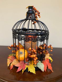 a birdcage filled with autumn decorations on top of a table