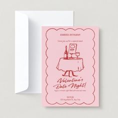 a pink and red valentine's date night party card with wine glasses on a table