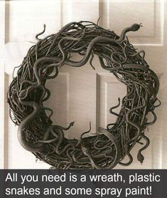 a wreath is hanging on the door with vines around it and an insect crawling inside