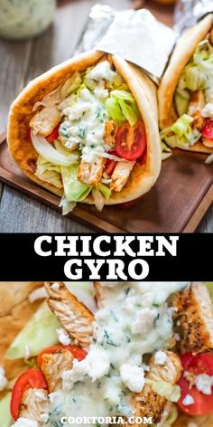 chicken gyro with lettuce, tomatoes and cucumber in pita bread