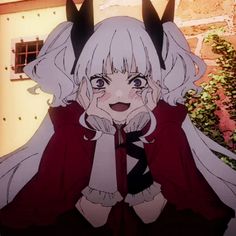 an anime character with horns on her head wearing a red dress and black bow tie