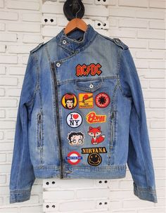 Upcycled Biker Denim Jacket with Patches / Reworked Vintage | Etsy Fitted Graphic Print Biker Jacket, Fitted Biker Jacket With Graphic Print, Casual Fitted Biker Jacket With Graphic Print, Fitted Casual Biker Jacket With Graphic Print, Casual Biker Jacket With Graphic Print For Spring, Biker Denim Jacket, Jean Jacket With Patches, Patchwork Jean Jacket, Denim Jacket With Patches