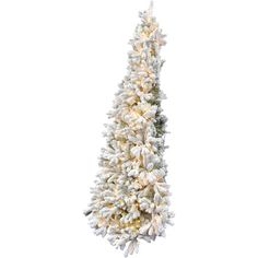 a white christmas tree with snow on it's branches is shown against a white background