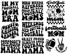 some type of lettering that says football mom and other sports related items in black and white