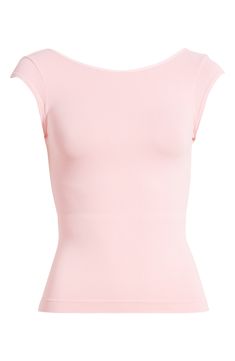 Make every exit so much more dramatic in this soft, stretchy T-shirt with a back that dips dramatically low. 19 1/2" length (size m/l) Ballet neck Cap sleeves 92% nylon, 8% spandex Machine wash, dry flat Imported Top Clothing, Baby Pink Shirts, Pink Backless Top, Basic Pink Tops, Fitted T Shirt, Cute Pink Shirts, Pink T Shirt, Light Pink Shirt, Pink Top