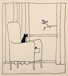 a drawing of a cat sitting in a chair looking out the window at a bird