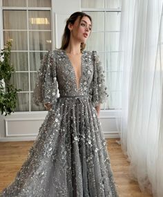 Silver Blossom Gala Gown Teuta Matoshi, Gala Gown, Refined Fashion, Wedding Makeup Looks, Custom Size Dresses, Fancy Dresses, Sophisticated Style, Ball Gown, V Shape