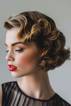 Elegant vintage-inspired hairstyle with defined curls and a side-part, complemented by bold red lipstick. Timeless Haircut