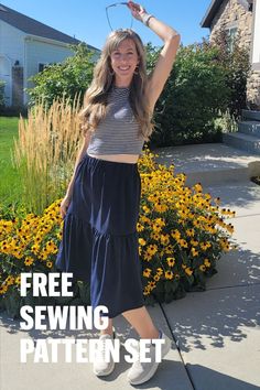 a woman standing in front of flowers with her arms up and the words free sewing pattern set