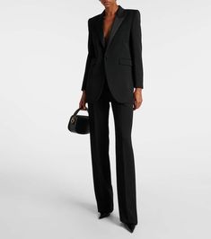 Find SAINT LAURENT Grain De Poudre Tuxedo Jacket on Editorialist. Material: 100% wool. Care instructions: dry clean. Made in Italy. Designer color name: Noir. Closure: single-breasted (one button). Pockets: flap pockets, breast pocket. Buttoned cuffs. Details: 100% polyester. Lining: 100% silk. Pocket lining: 97% cotton, 3% elastane. Wool Tuxedo Style Evening Outerwear, Wool Evening Outerwear With Lapel Collar, Designer Wool Outerwear For Evening, Wool Outerwear With Lapel Collar For Evening, Designer Wool Evening Outerwear, Designer Black Suits For Fall, Designer Fall Workwear Suits, Designer Fall Suits For Workwear, Wool Tuxedo Outerwear For Work