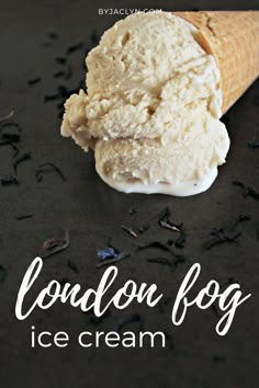 an ice cream cone with the words london fog on it and some black seeds around it