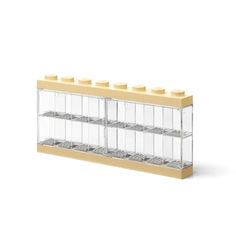 a lego display case filled with lots of clear glass bottles on top of a white surface