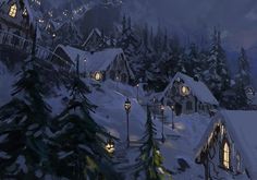 a painting of a snowy village at night with lights on and trees in the foreground