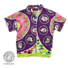 "gianni versace S/S1991 \"opera balleto teatro cinema\" multi-color colourful baroque silk blouse * size M * slight discolouration near right shoulder - 7/10 * made in italy" Designer Baroque Print Tops For Summer, Vintage Multicolor Silk Tops, Summer Baroque Print Short Sleeve Tops, Black Goth Dress, Chain Fringe, Black Goth, Goth Dress, Gianni Versace, Silk Blouse