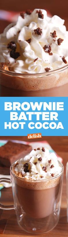 the brownie batterer hot cocoa is served in a glass bowl with whipped cream on top