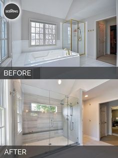 before and after pictures of a bathroom remodel with tub, shower, and sink