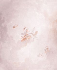 an artistic painting with angels and cherubs on the ceiling in a pink hued room