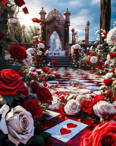 an artistic scene with red and white roses on the ground