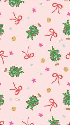 a pink background with christmas decorations and bows