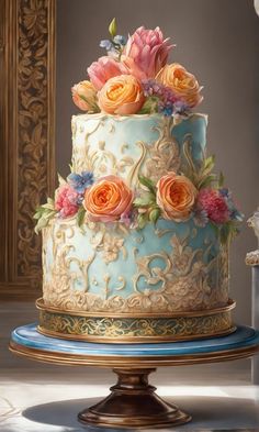 a blue and gold cake with flowers on it sitting on top of a table next to a mirror