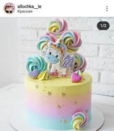 there is a cake decorated with an image of a unicorn on it