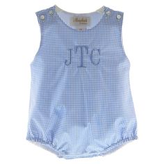 Cute infant boys blue gingham sleeveless summer bubble outfit can be personalized for a unique baby shower gift. Bubble is fully lined and snaps between legs for easy changing. 65% Polyester 35% Cotton Machine Washable NB measures 12 inches from shoulder to crotch Bubble Outfit, Bubble Clothes, Romper Summer, Rompers Online, Infant Boys, Bib Collar, Unique Baby Shower Gifts, Baby Boy Romper, Romper Outfit