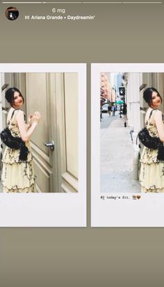 two pictures of a woman standing in front of a door with her hand on her hip