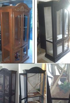 several different types of furniture in various stages of being cleaned and refinished, including an old china cabinet with glass doors